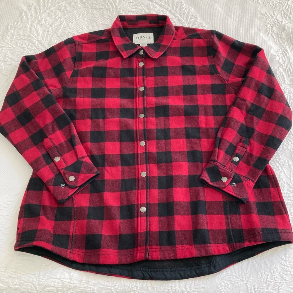 Orvis women’s Buffalo plaid fleece lined flannel shacket jacket snap front XXL